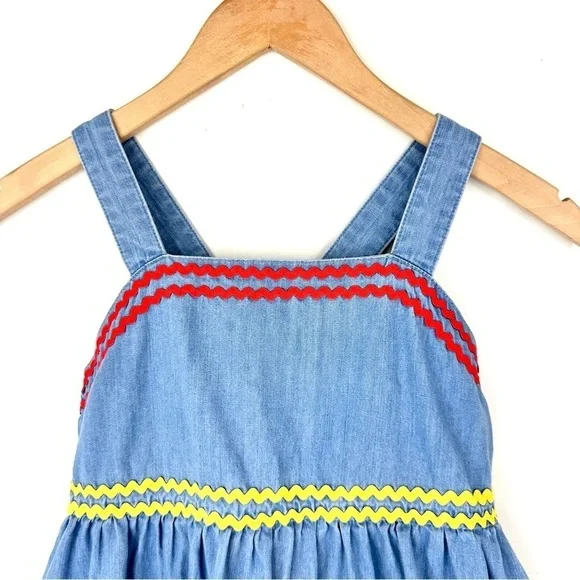 Hanna Andersson chambray denim jean jumper dress 140/10 rickrack blue yellow red - Picture 3 of 15